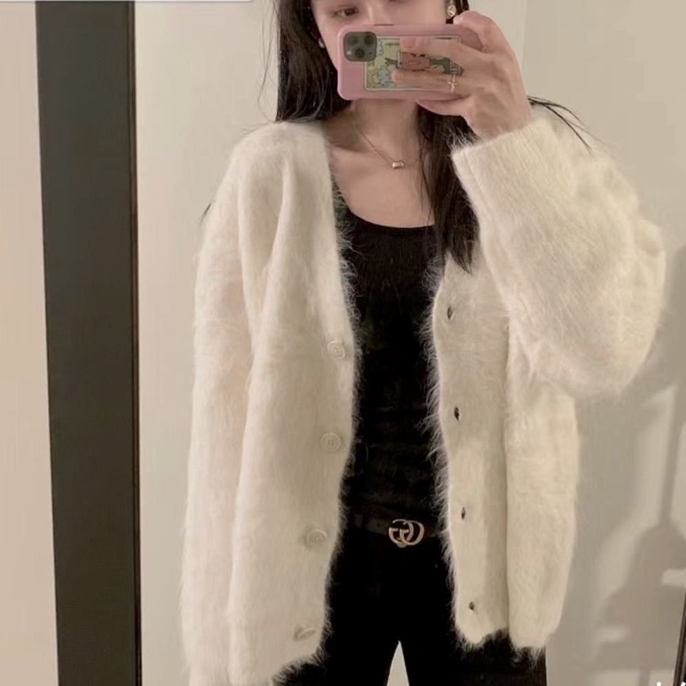 Cream White Oversized Textured Alpaca Cardigan